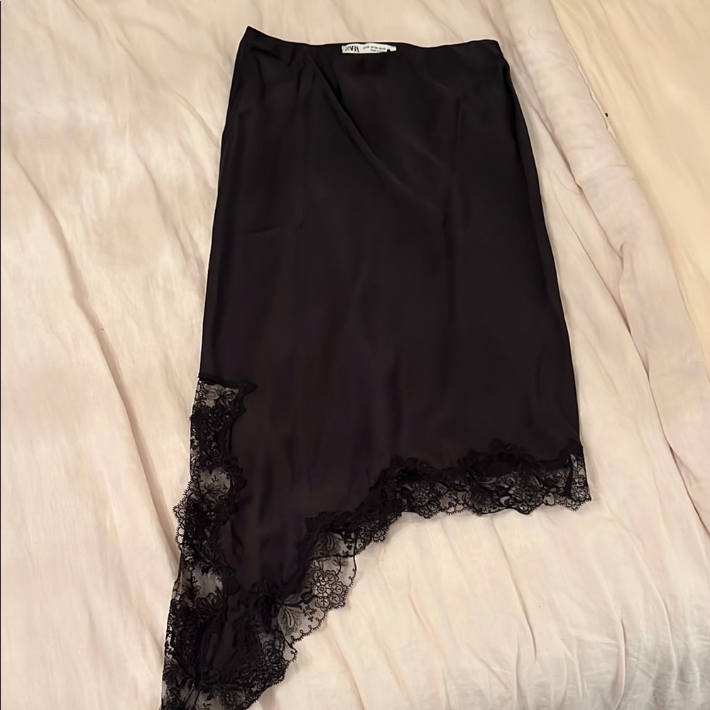 Zara Black Asymmetrical Lace Midi Skirt